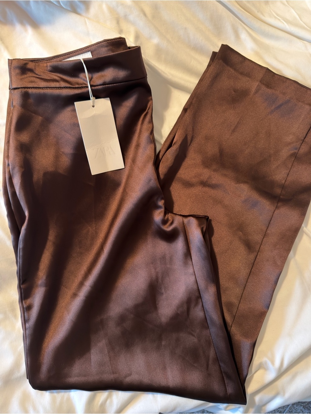 Zara Satin Wide-Leg Pants in Deep Brown